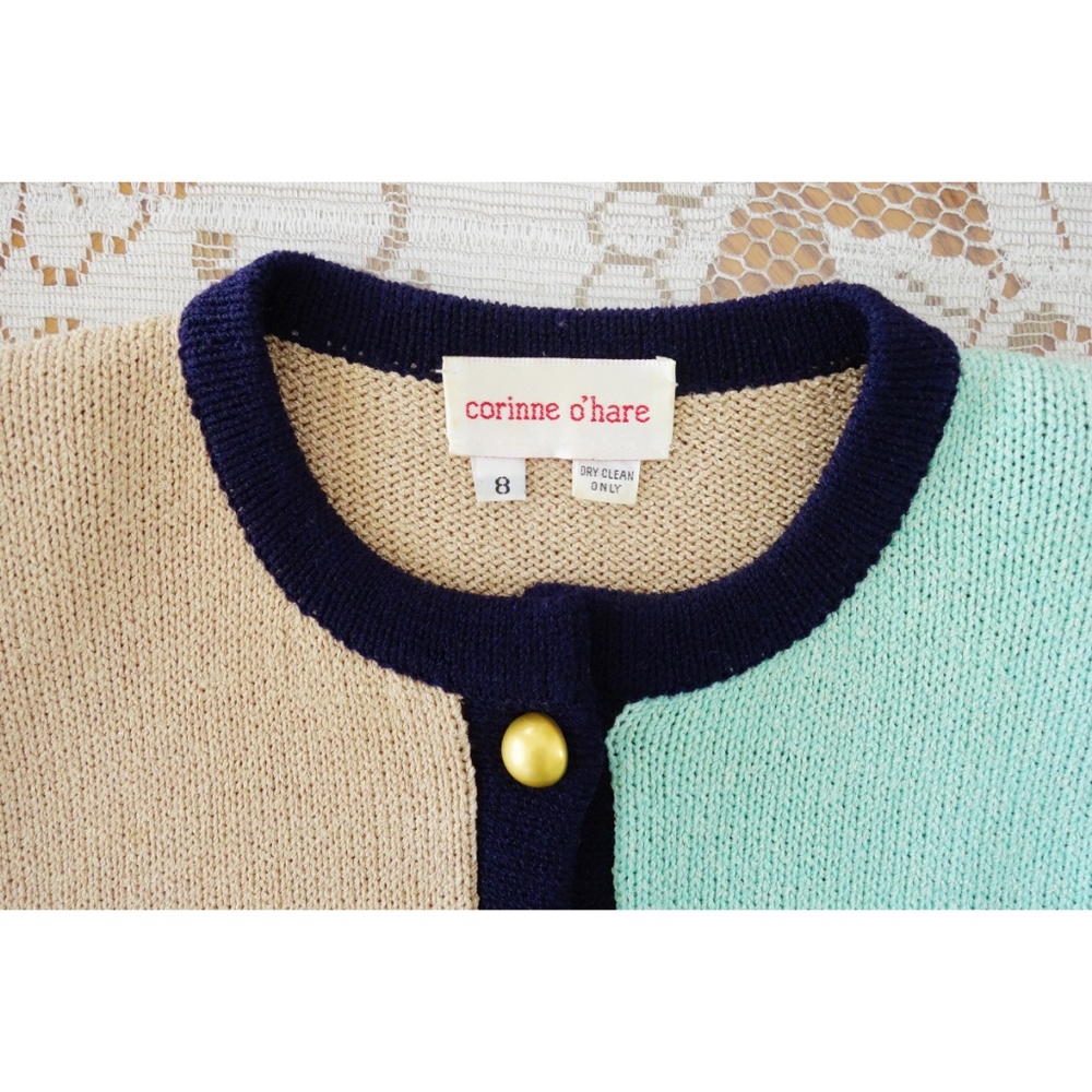 Vintage Tan Pistachio Navy Blue Cardigan sz 8 - Picture 3 of 6